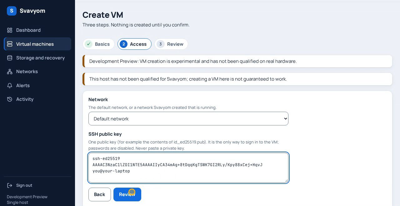 Screenshot of the Create VM wizard on its Access step, asking for a network and an SSH public key