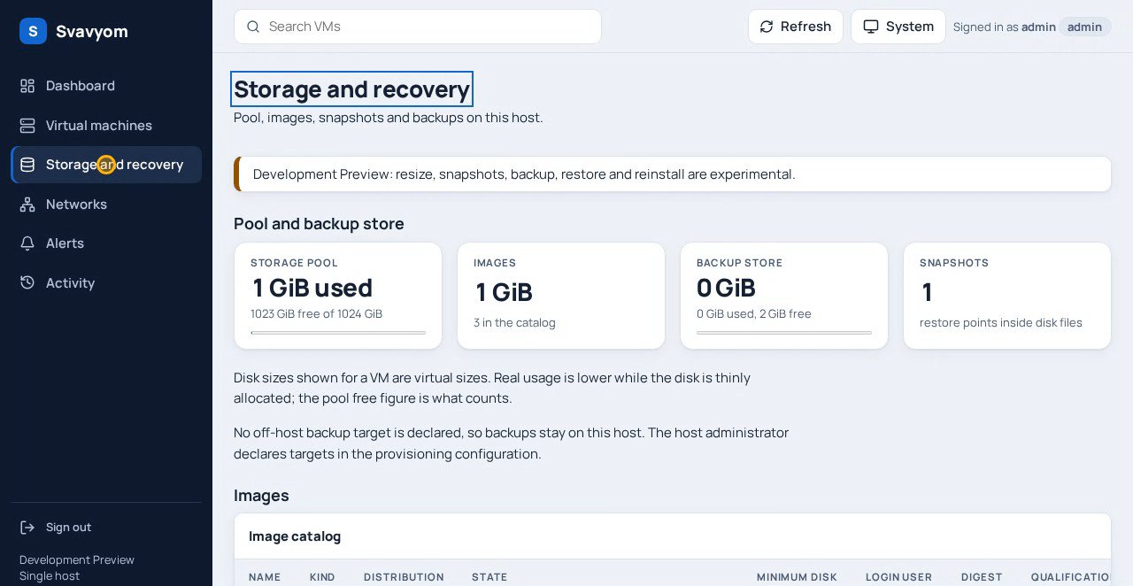 Screenshot of the Storage and recovery page showing the pool, images, backup store and snapshots